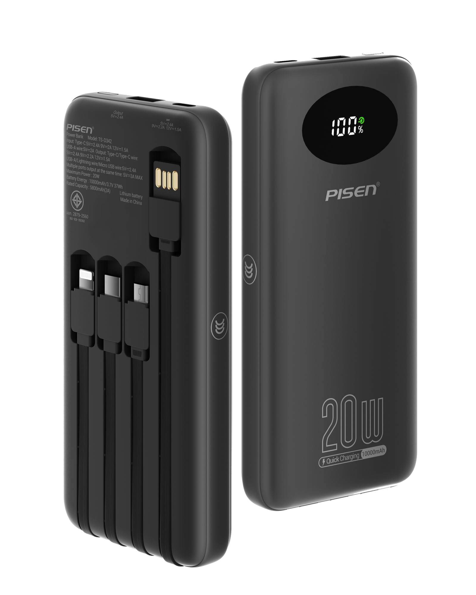 PISEN 3C Certified Power Bank - 10000mAh 20W Fast Charging Battery Pack with Built-in 4 Cable Smart LED Display Flight-Approved Portable Charger Travel Power Bank for iPhone, Samsung, iPad, Tablets