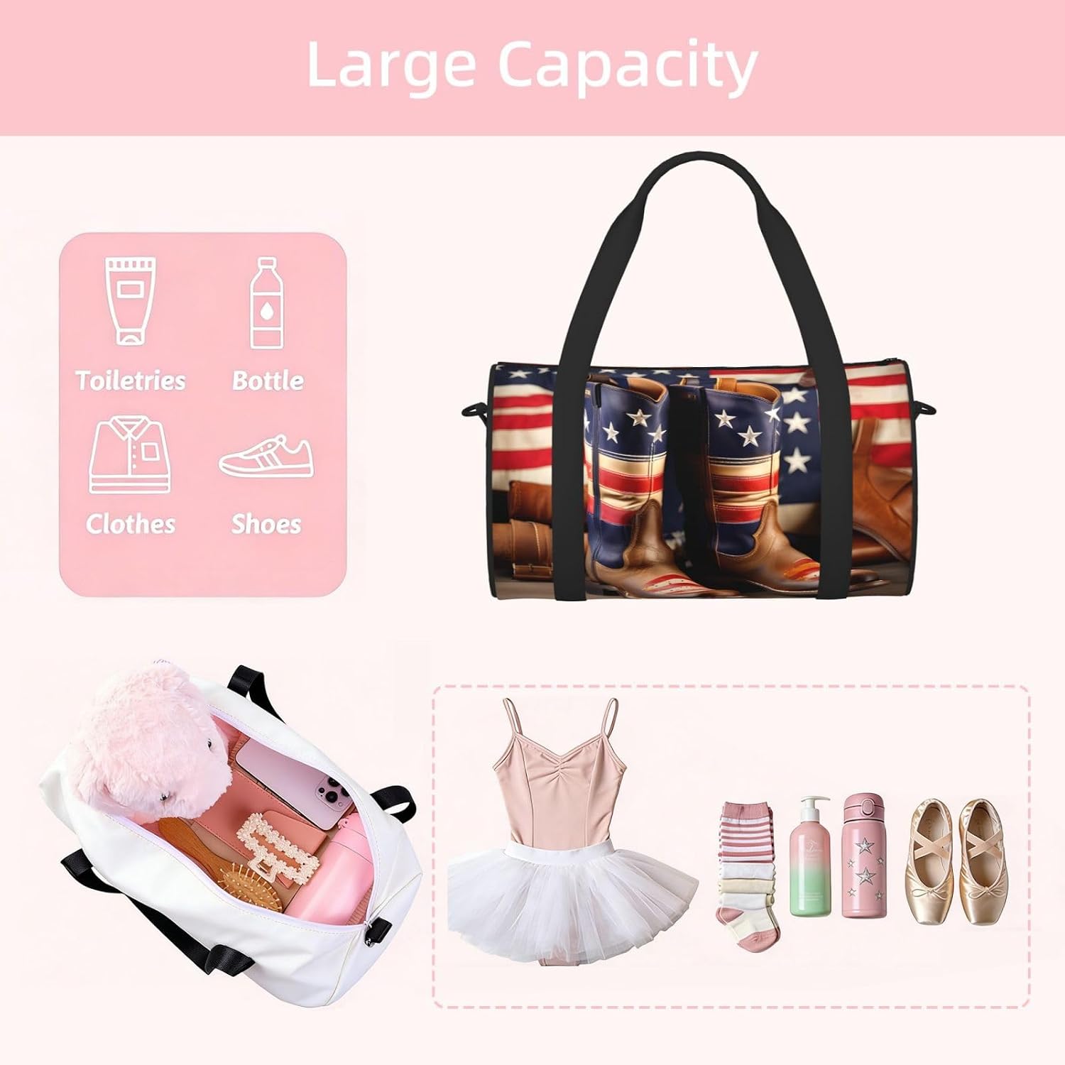 American Flag With Cowboy Boots Print Sports Tote Bag Lightweight Water-Resistant Gym Backpack Travel Supplies