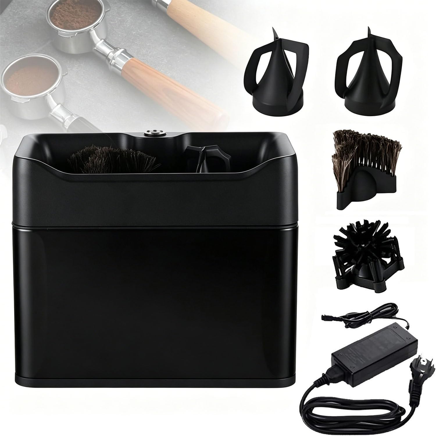 COAKUE Portafilter Cleaner Electric with 2 Scrapers Fits 58mm Baskets Black