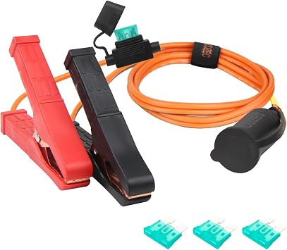 12V/24V Battery Direct Connect Cable, 12 AWG with 30A Fuse Protection and Alligator Clips, Weatherproof Socket 3.5ft/106cm