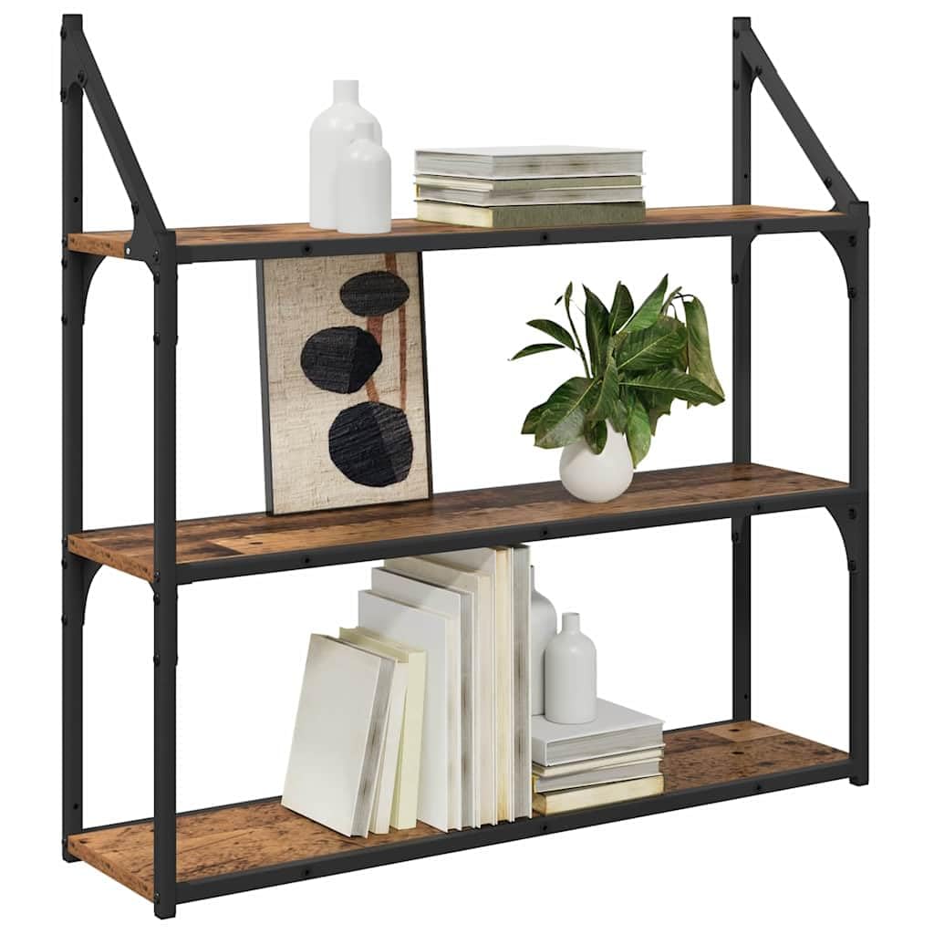 Wandregal Altholz 80x21x78,5 cm mit 3 Ablagen aus Holzwerkstoff und Metallrahmen, Modernes Design & Stabilität für Wohnzimmer, Flur und Schlafzimmer