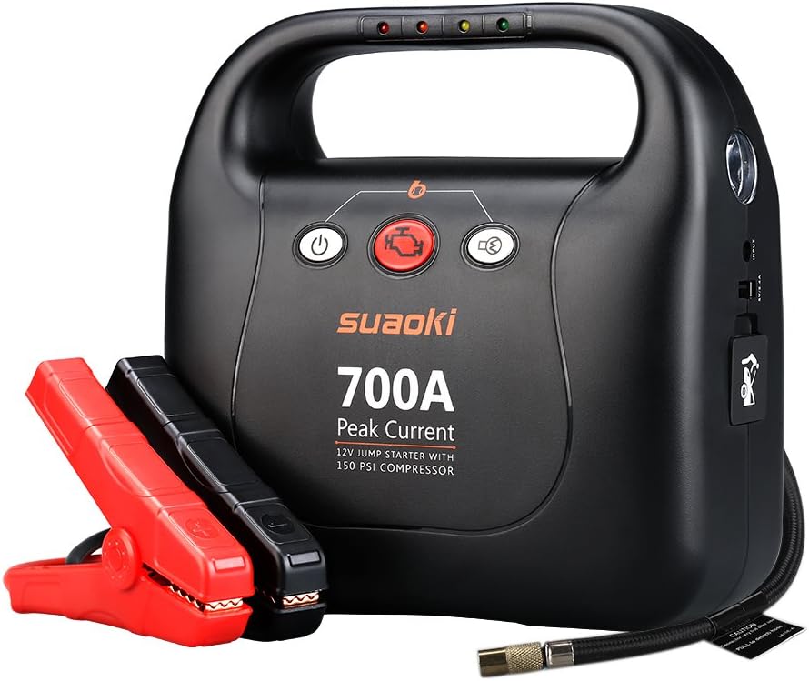 SUAOKI T006449 Jump Starter 700A Peak 15600mAh & 150PSI Tyre Inflator Car Battery Booster (up to 6L Petrol & 5L Diesel Engine) Power Pcak with Air Compressor ,5V USB Charging Ports,LED flashlight for 12V Car