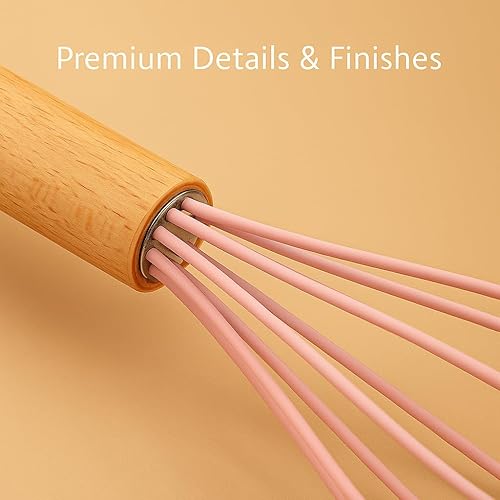 Miniatura 6 de Juego de utensilios de cocina rosa de 19 piezas, herramientas de cocina de silicona con asas de madera, antiadherentes y resistentes al calor,