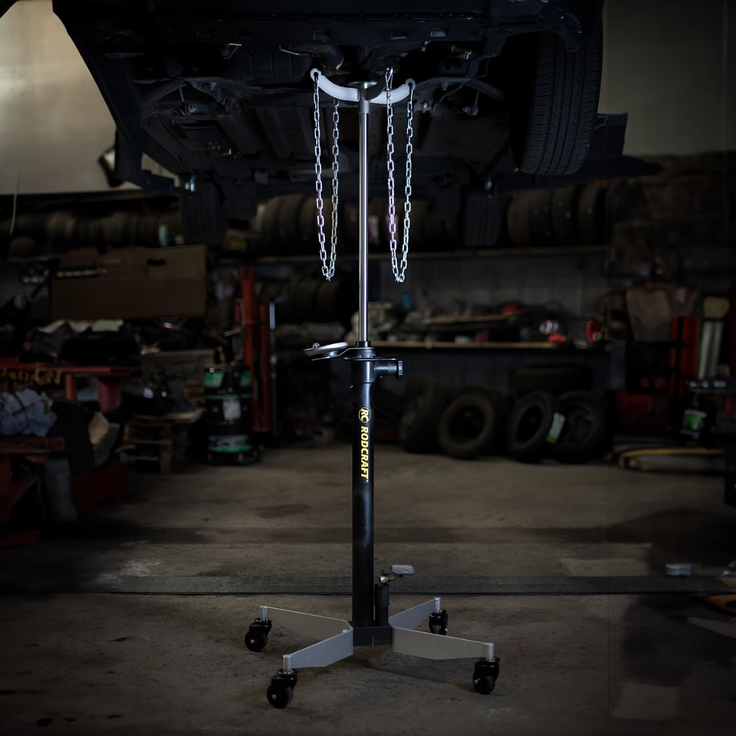 Rodcraft GHN1000 Getriebeheber mit 1000 kg Hubkapazität, Höhe 1,18 m bis max. 2 m, Fusspedal, Doppelkolben, Sicherheitsventil, automatisches langsames Absenken, Gewicht 48,1 kg