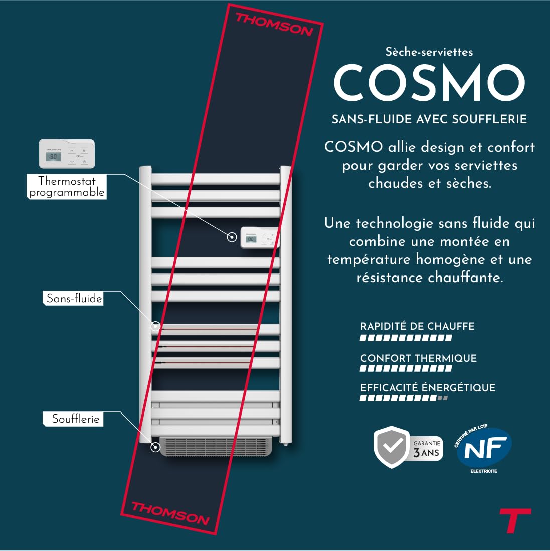 THOMSON - Sèche-serviette électrique sans fluide connecté WiFi avec soufflerie 500 + 1000W Thomson COSMO blanc