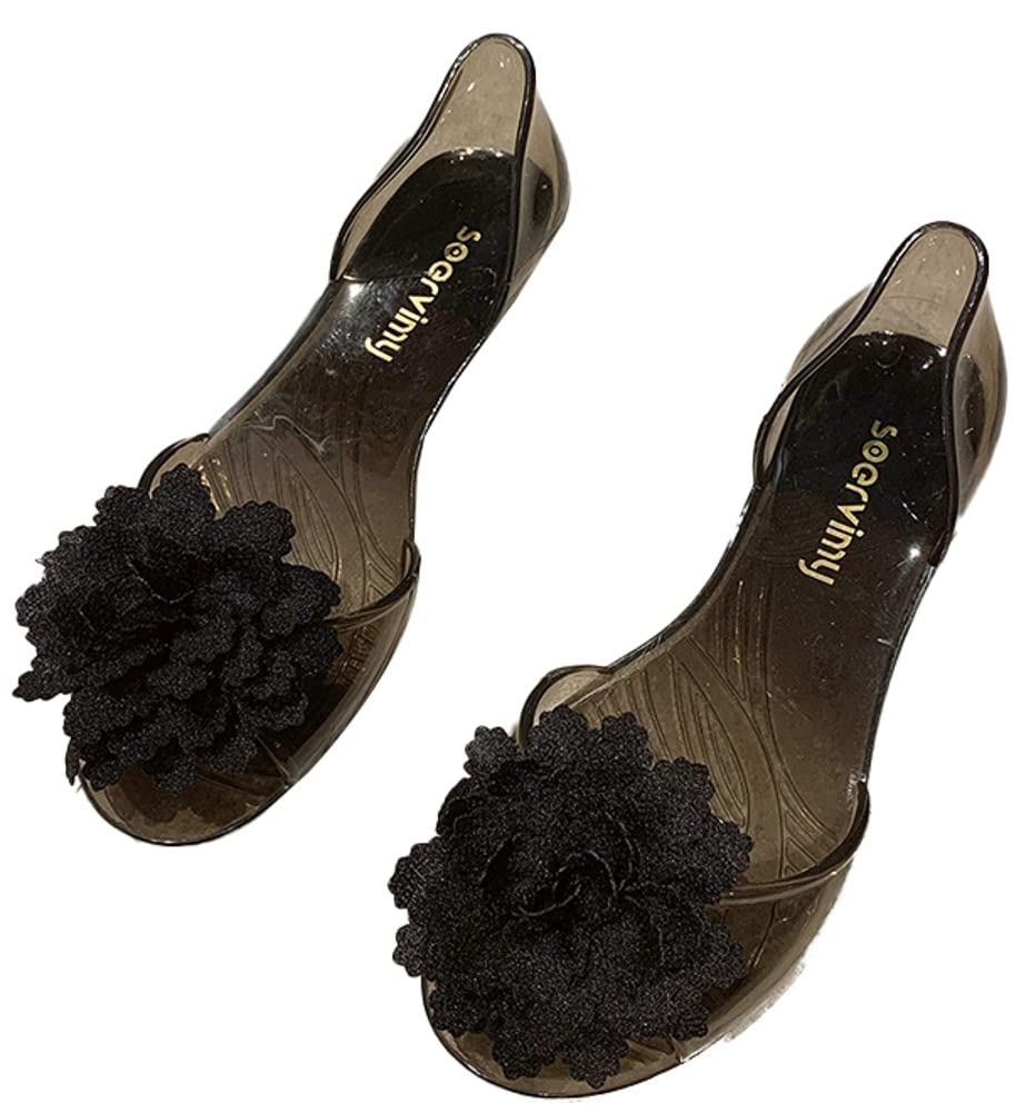 Women’s Jelly Shoes Cute Flower Non-Slip Flat Sandals Comfy Open Toe Clear Jelly Sandal for Outdoor Walking Beach
