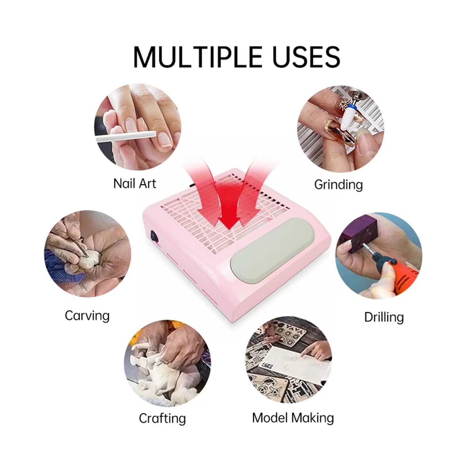 Pochłaniacz pyłu do paznokci, Big Power Vacuum Nail Dust Collector For Manicure Nails With Fitter Fan Cleaner For do salonu i domu(Pink)