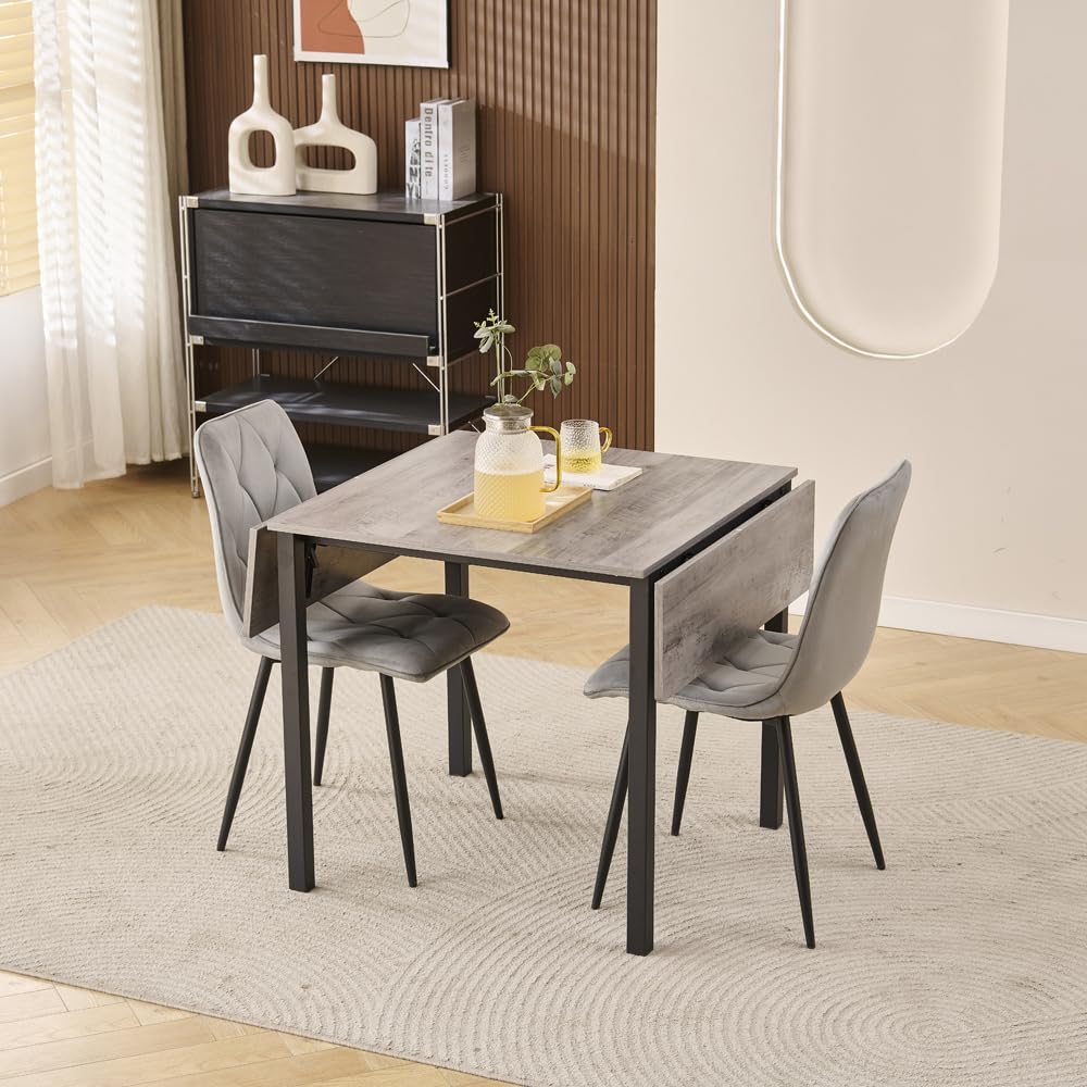 Homullel Drop Leaf Folding Dining Table and Chairs Set 2 Seater Dining Room Dinner Set for Small Spaces, Foldable Small Kitchen Table, Space Saving, Extendable (2 chairs, Velvet Diamond Grey)