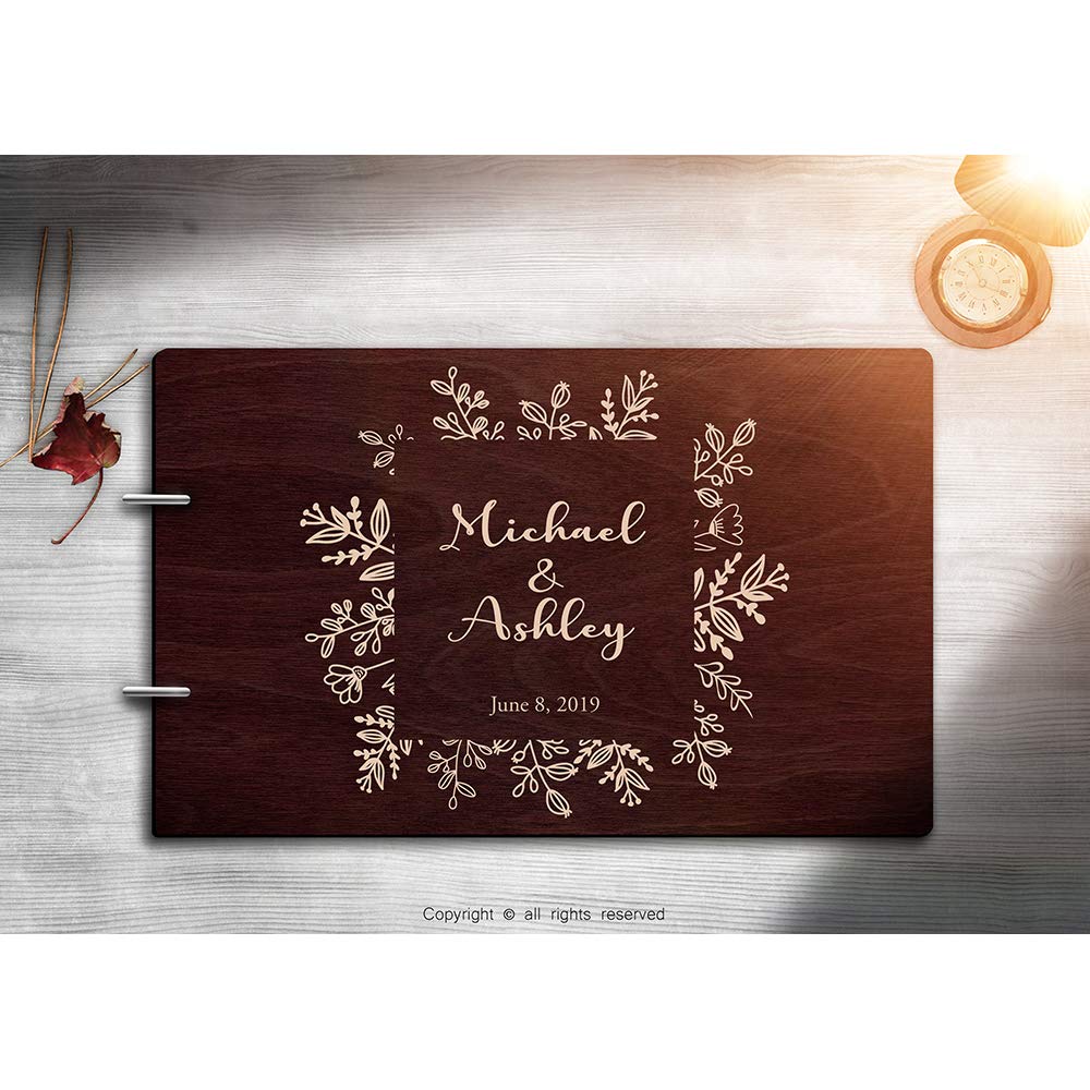 Personalized Handmade Mr Mrs Wedding Guest Book for Bride and Groom Wood Alternative Custom Engraved Newlywed Marriage Album (Chocolate Walnut)