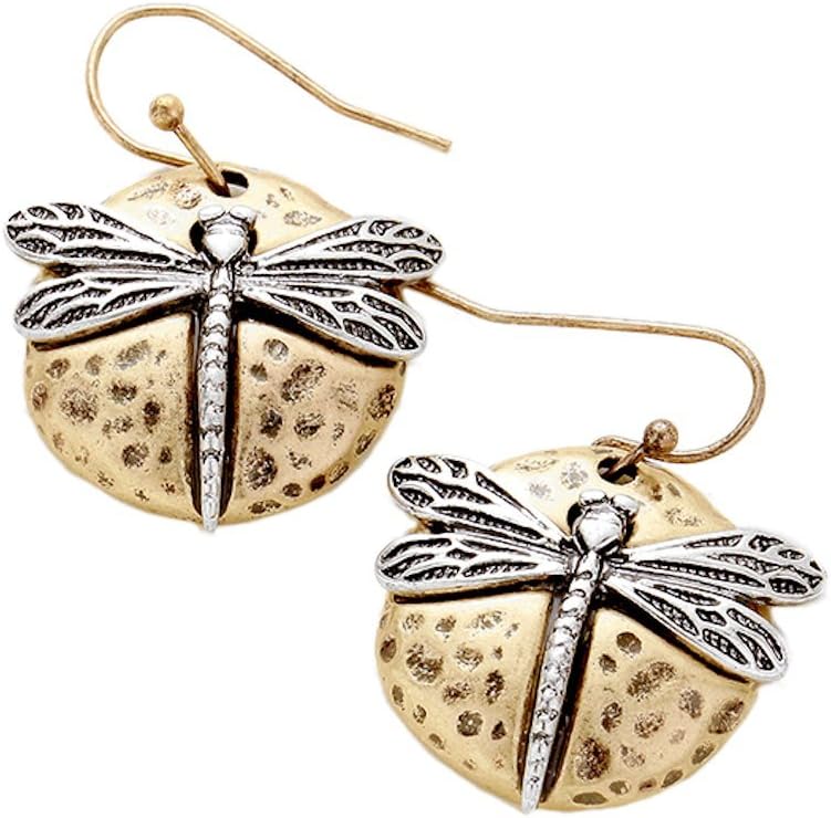 Two-tone Silver and Gold Tone Dragonfly Earrings Fish Hook Ear Wire