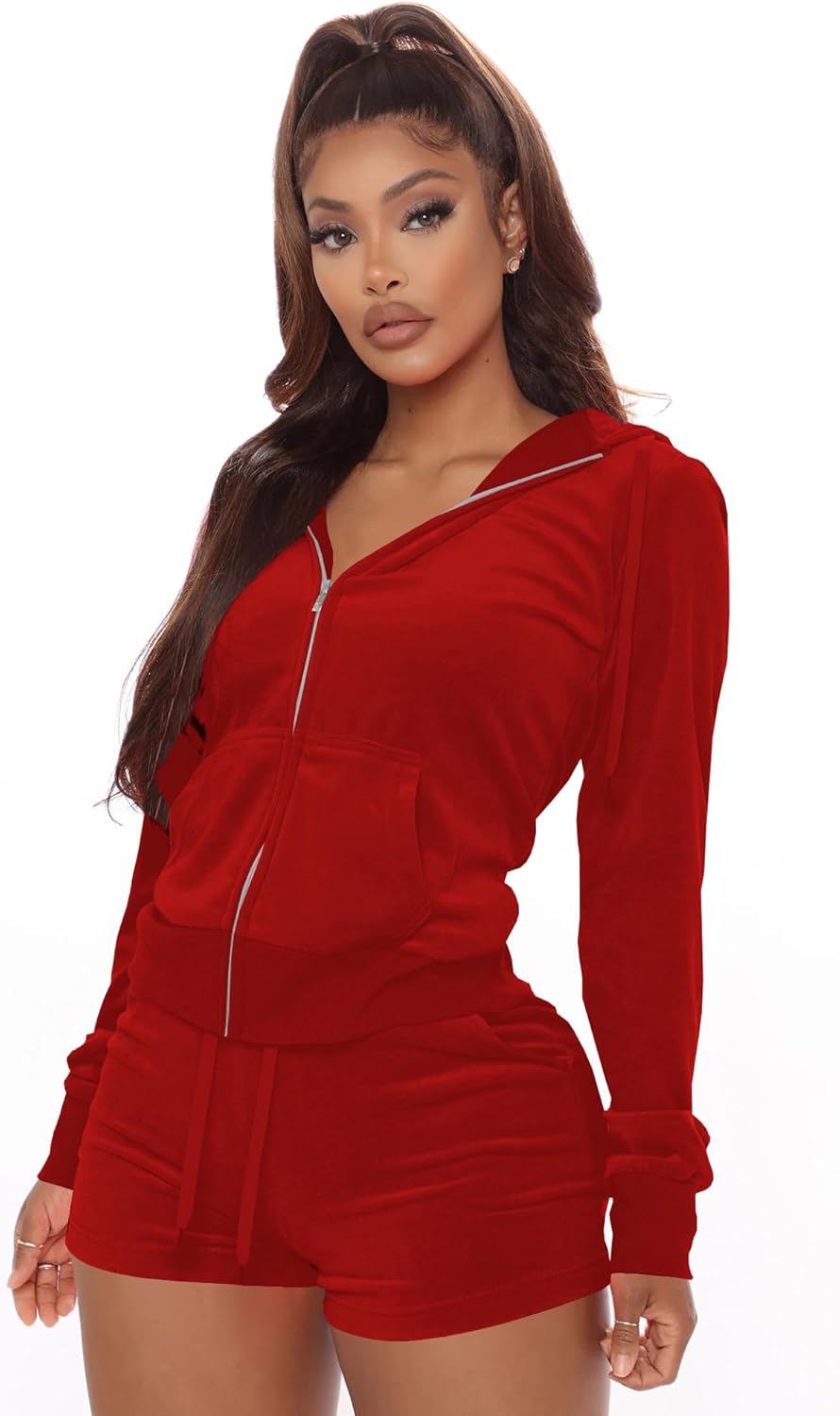 SMSN Women 2 Piece Outfits Sweatsuit Shorts Sets, Velvet Tracksuit Long Sleeve Hooded Zipper Jacket Casual Sweat Set - Image 4