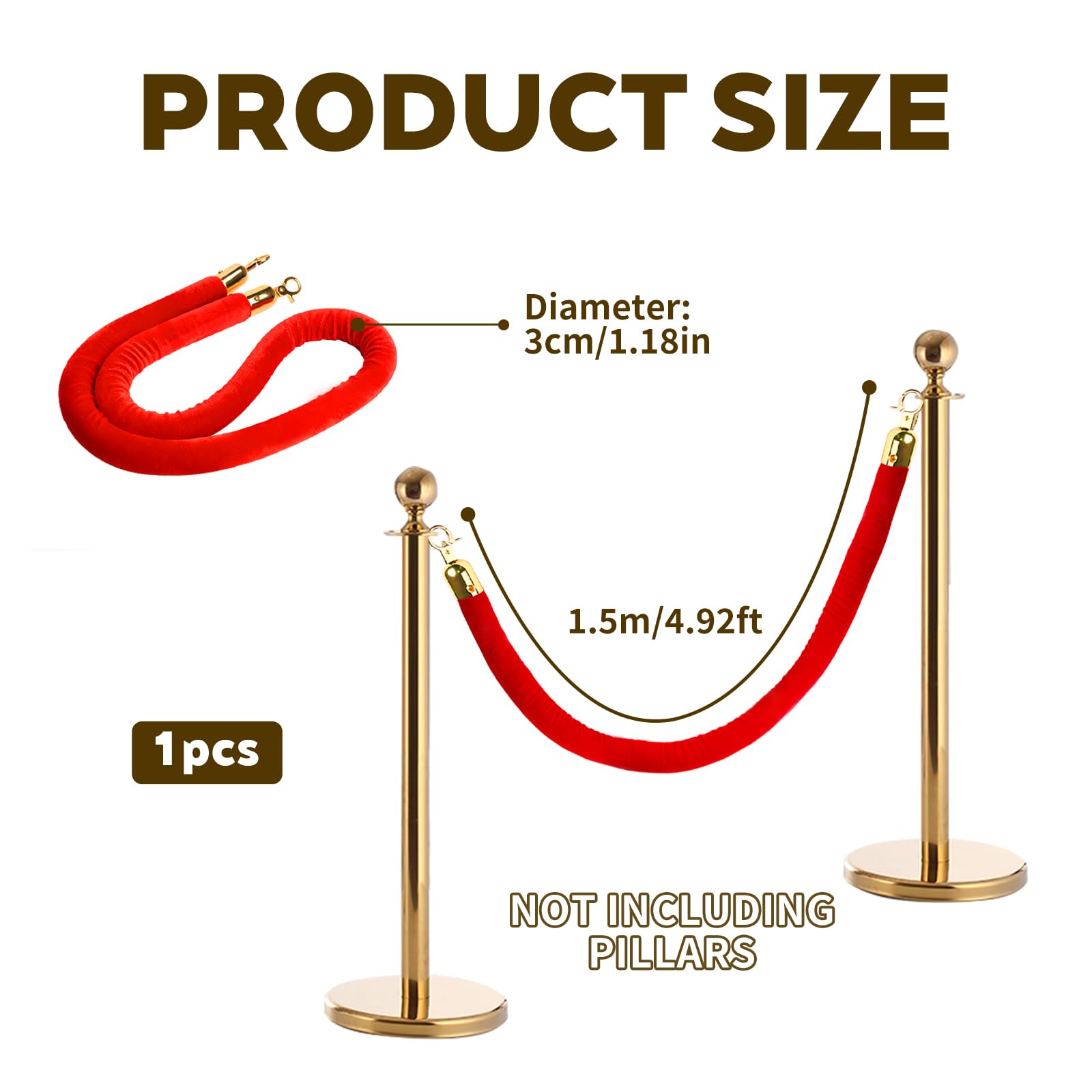 Corde De Barrière Velours Rouge 1,5 M Avec Crochets Or – Cordon Séparation File D'Attente Élégant Pour Hôtel, Théâtre, Événements, Contrôle De Foule