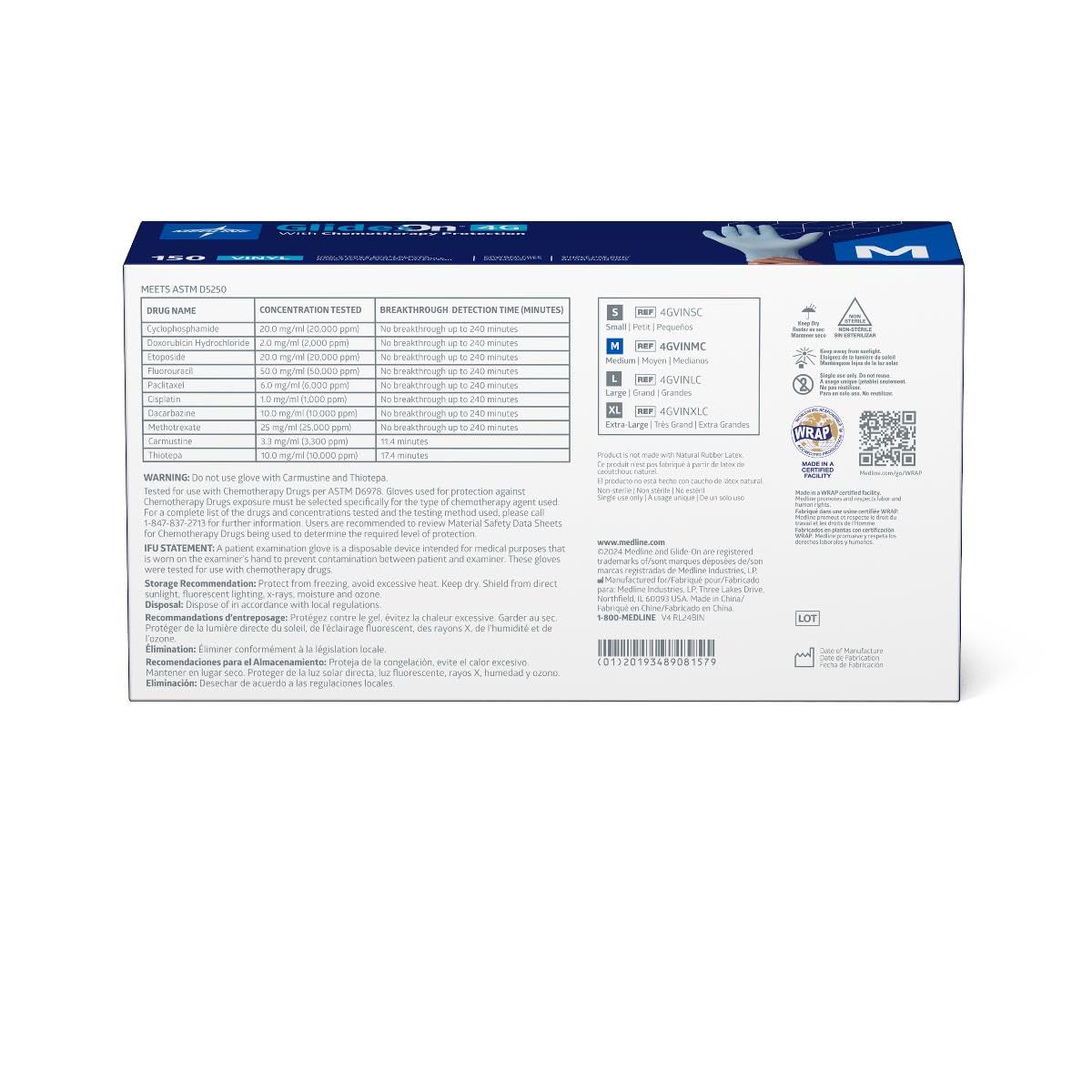 Medline Glide-On 4G Vinyl Exam Gloves with Chemotherapy Protection, Powder-Free, Size M