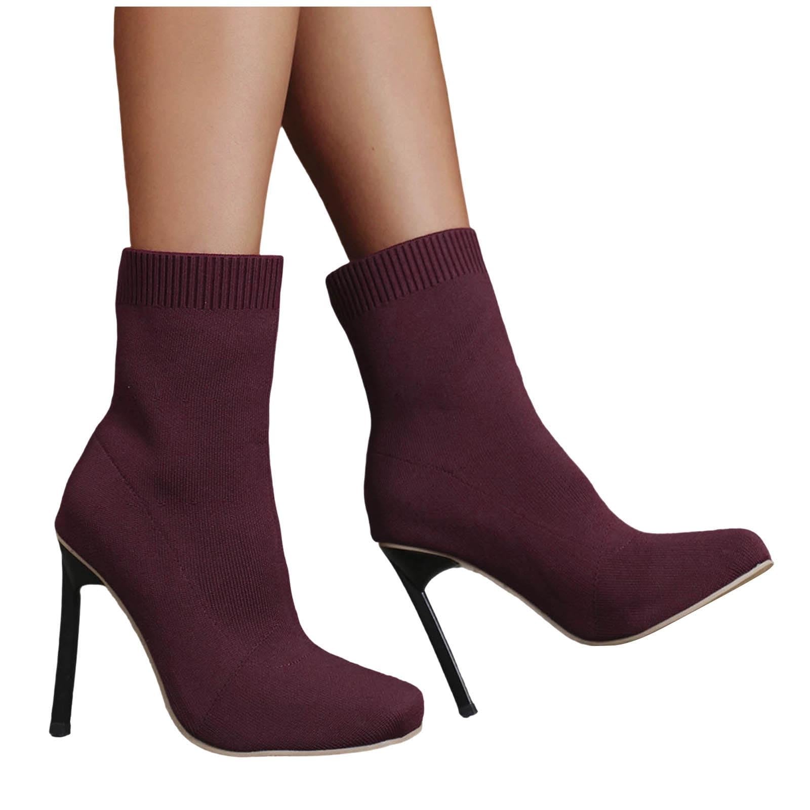 Bottes Mi-Mollet Femme en Maille Textile, Effet Chaussette, Talon Aiguille
