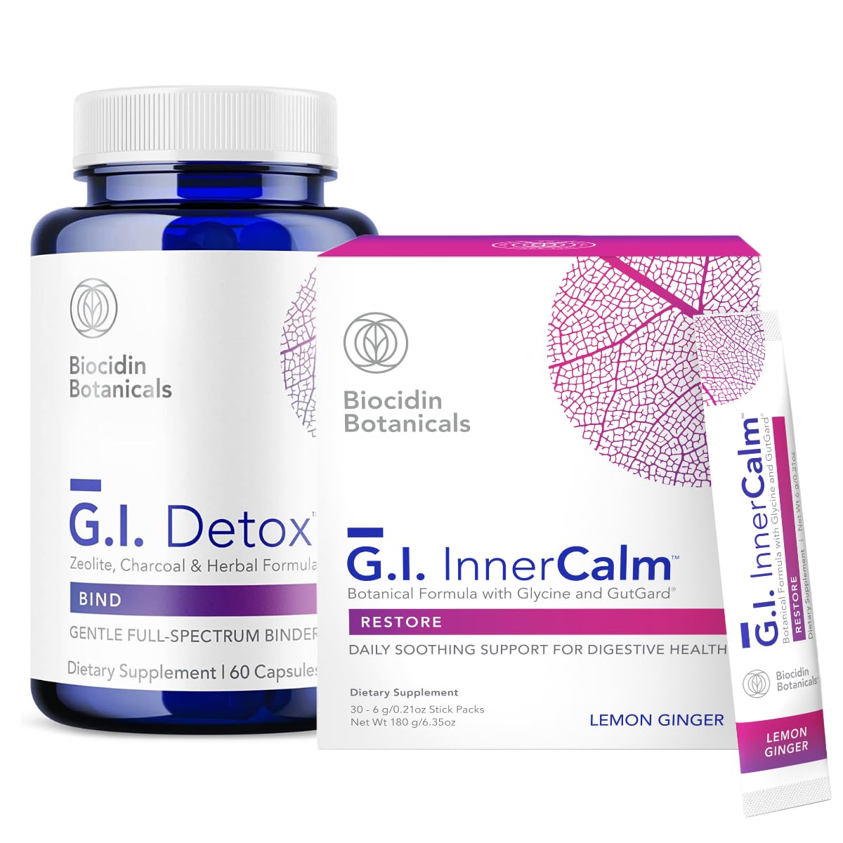 Biocidin Research GI InnerCalm & GI Detox+ Gut Health Bundle - Soothing Daily Gut Support Drink & Gentle Binder to Support Toxin, Biofilm Removal - Supports Occasional Gas & Bloating (2 Products)