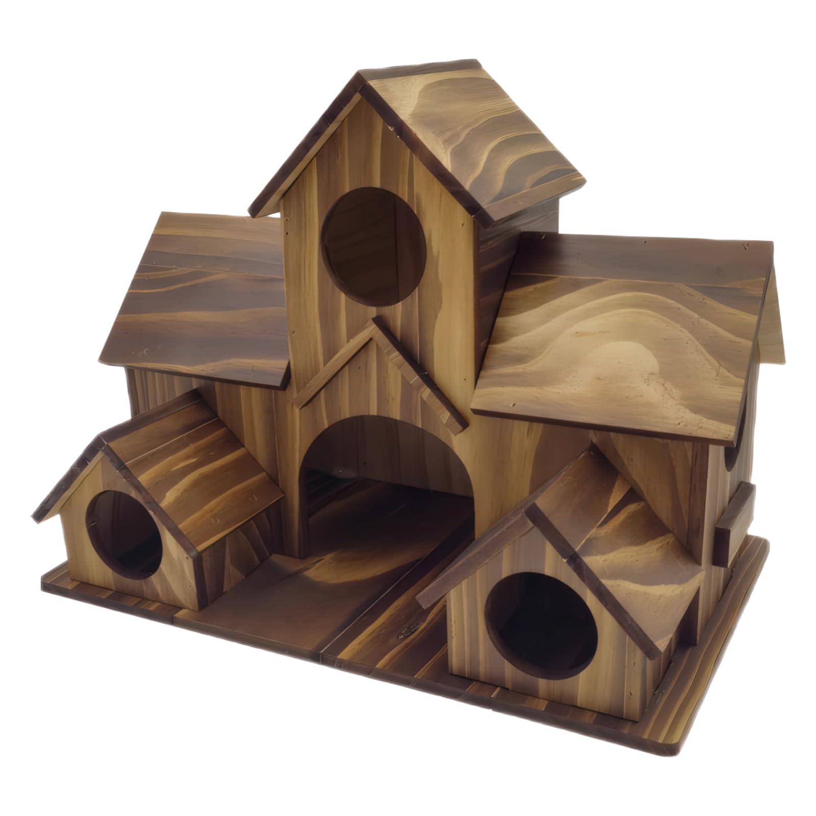 Packool Wooden Bird House, Villa Style Birdhouse with Multiple Habitats, 9.1 x 6.3 x 5.5 in / 23 x 16 x 14 cm, Multi-Entrance Large Bird Houses, Handmade Natural Bird House