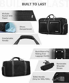 Gonex 150L Travel Duffel Bag Foldable Extra Large Duffle Bag XL Heavy Duty for Men Women for Luggage Shopping Black