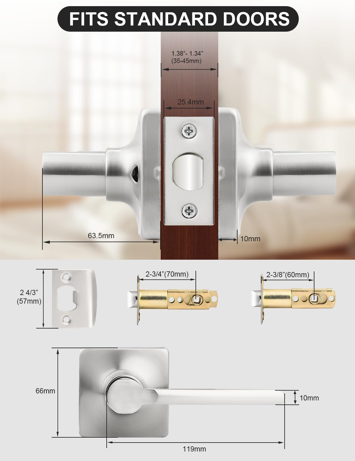 Mengico Paquete de 10 manijas de puerta de paso de níquel satinado, manijas de puerta interiores resistentes para armario y pasillo, perilla cuadrada sin bloqueo, reversible para izquierda o derecha