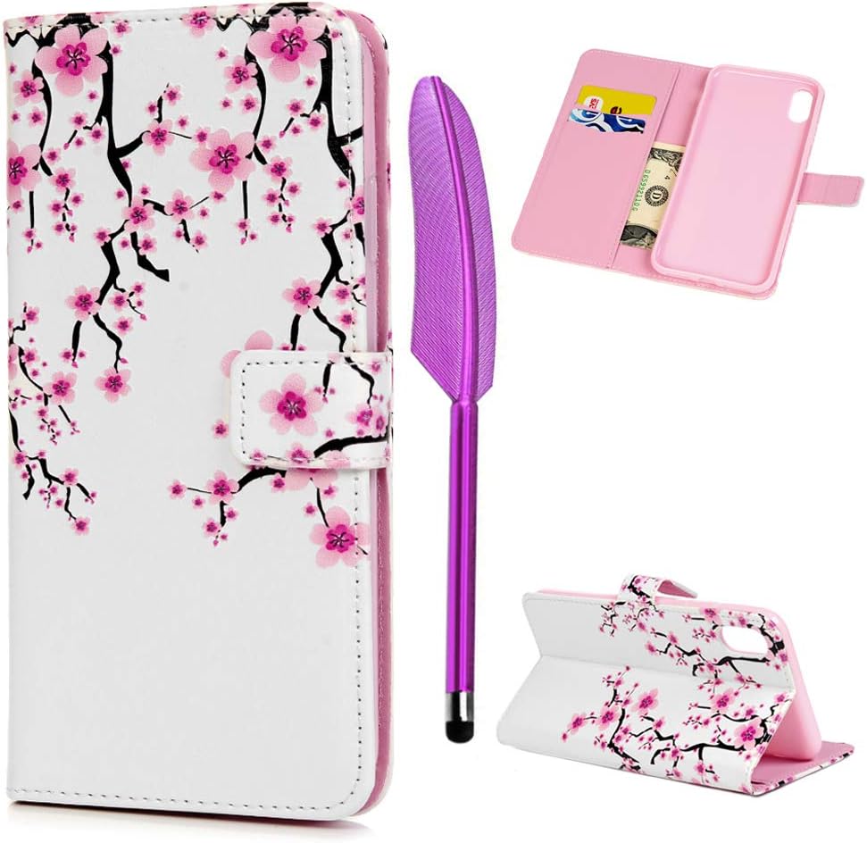 Niocase iPhone XS Max Case Leather, New iPhone 6.5 inch Case Wallet, Flip Case with Touch Pen Plating Colorful Specially Painted Pattern Case for iPhone XS Max Plum Blossom