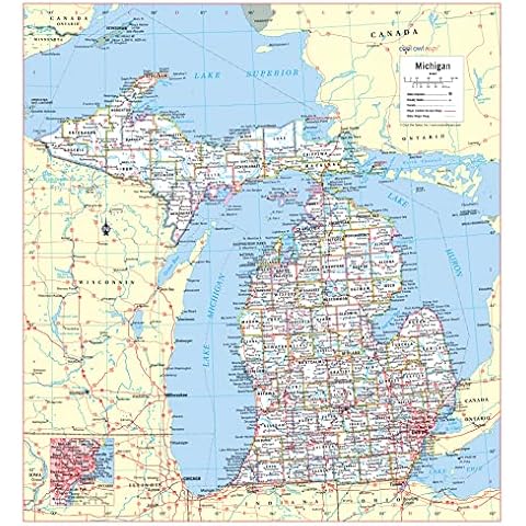 Cool Owl Maps Michigan Wall Map Large Print Poster Laminated Cover