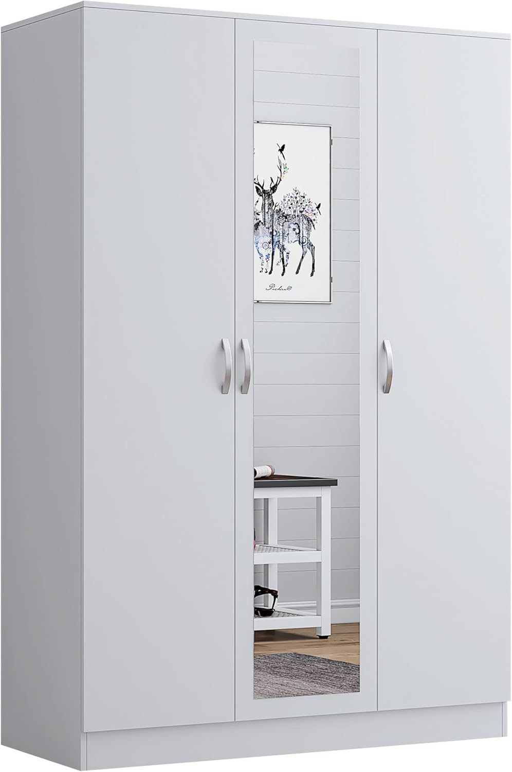 Nera 3 Door Wardrobe for Bedroom 120cm Wide with Mirror Shelves and Hanging Rail Storage Cabinet (White)
