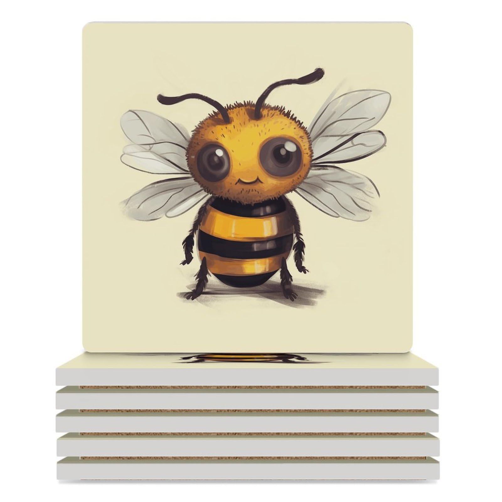 Dessous de Verre Ronds Abeille en Céramique (Lot de 6) avec Support pour Table