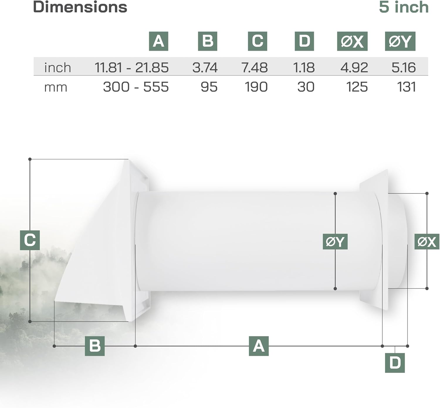 Vent Systems 5" Inch Plastic Adjustable Through Wall Ventilation Kit - Dryer Vent Kit - Ventilation Tube With Exhaust Hood Vent Cover And Duct Connector - Built In Gravity Damper in Exhaust Hood