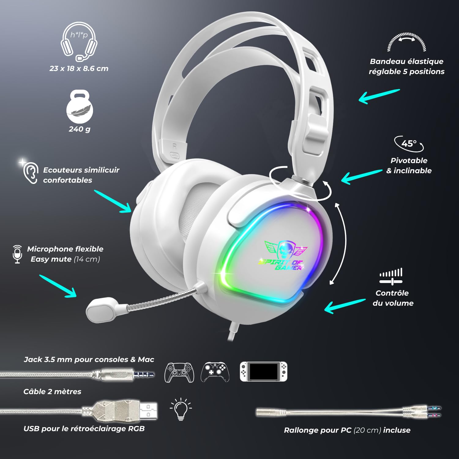 Spirit Of Gamer - Pro H6 | Casque Gaming Blanc Filaire RGB avec Micro | Compatible Xbox, Switch & PC | Stéréo 2.0 | Sortie USB et Jack | Arceau Ajustable/Ultra léger 240 grammes (Blanc)