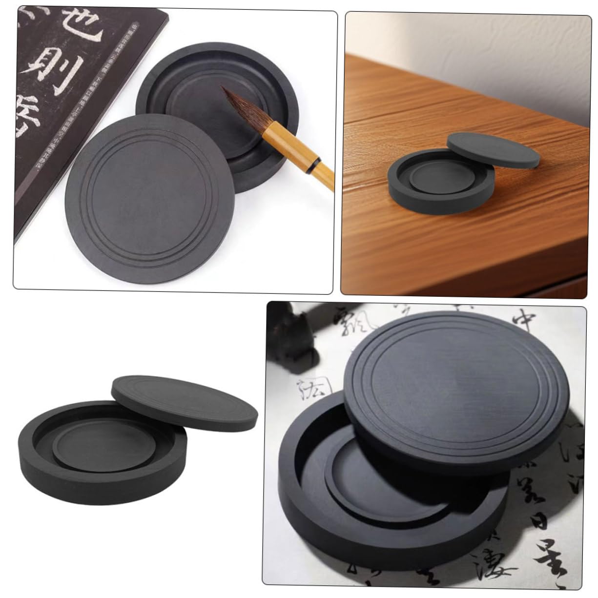 Amazon | GLSTOY 中国書道用硯 蓋付き丸型天然石製 石盤 硯揃い 書道