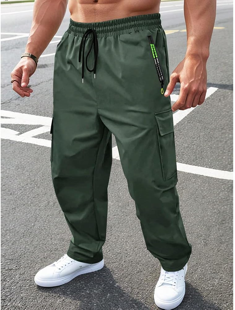 Men's Hiking Pants Elastic Waistband Drawstring Casual Pants Multi-Pocket Cargo Sweatpants