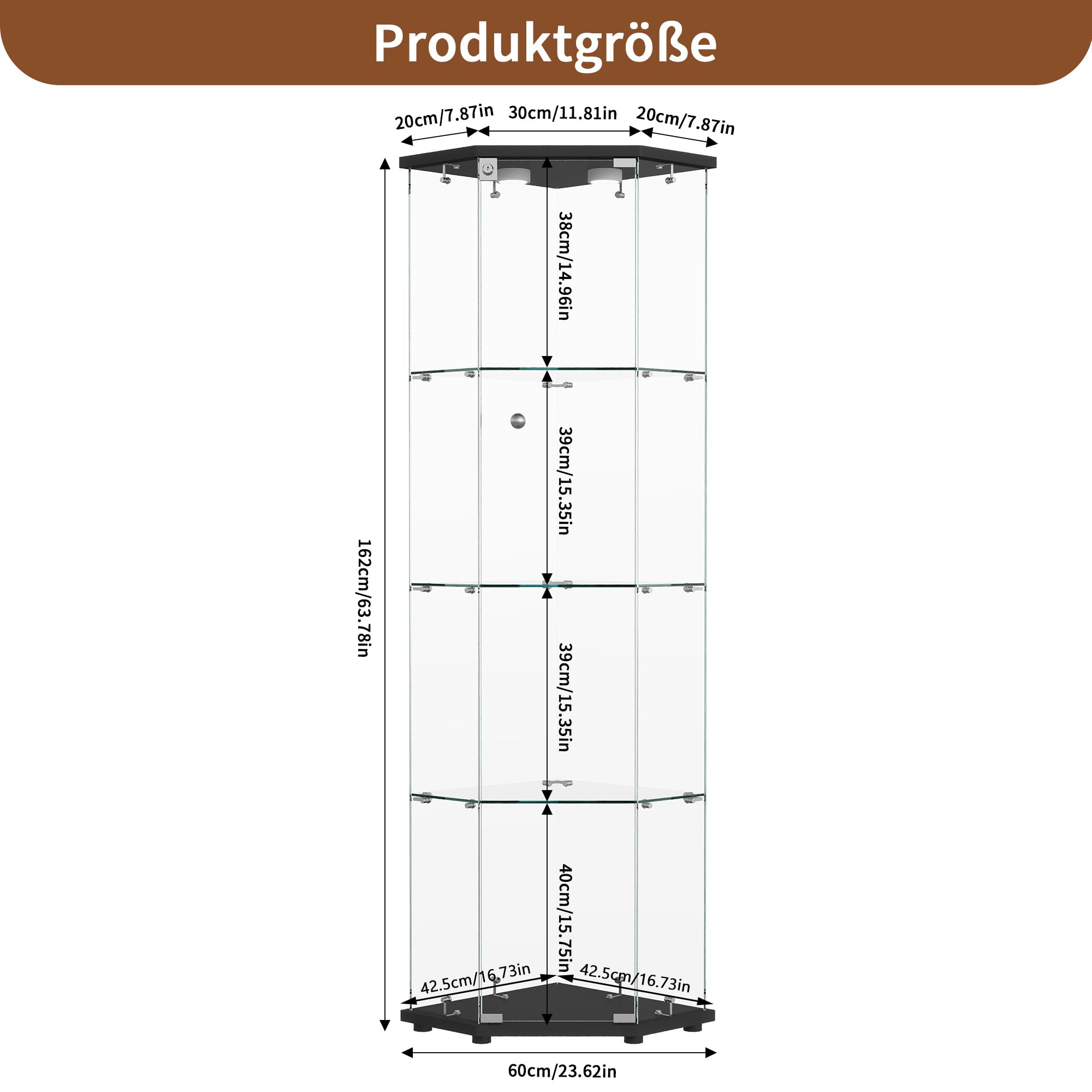 Vetrina angolare in vetro con LED, vetrina con 1 ante in vetro chiudibile a chiave e 4 ripiani, vetrina da collezione in vetro trasparente per soggiorno, ufficio, oggetti da collezione (nero)