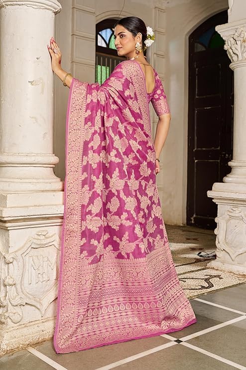 Image of MADHUHANSH Women's Cotton Linen Saree with Unstitched Blouse Piece and Floral Printed Pattern | Women Saree for Special Occasion | Stylish Modern Sarees