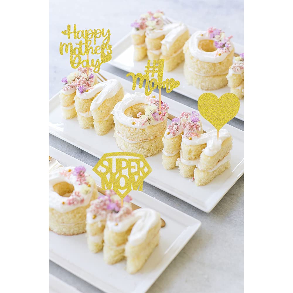 24-Pack Happy Mother's Day Cupcake Toppers - Glitter Flower Picks, Gold, For Party Cake Decorations
