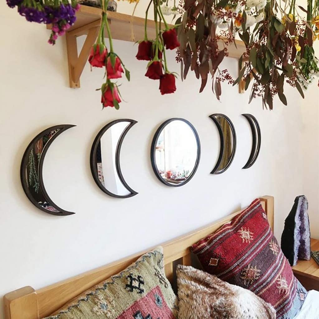 Novacentix Black Pack Of 5 Scandinavian Natural Decoration Acrylic Wall Decoration Mirror Interior Design Wood Moon Phases Bohemian Wall Decoration For Home Living Room Bedroom Decor (Black)