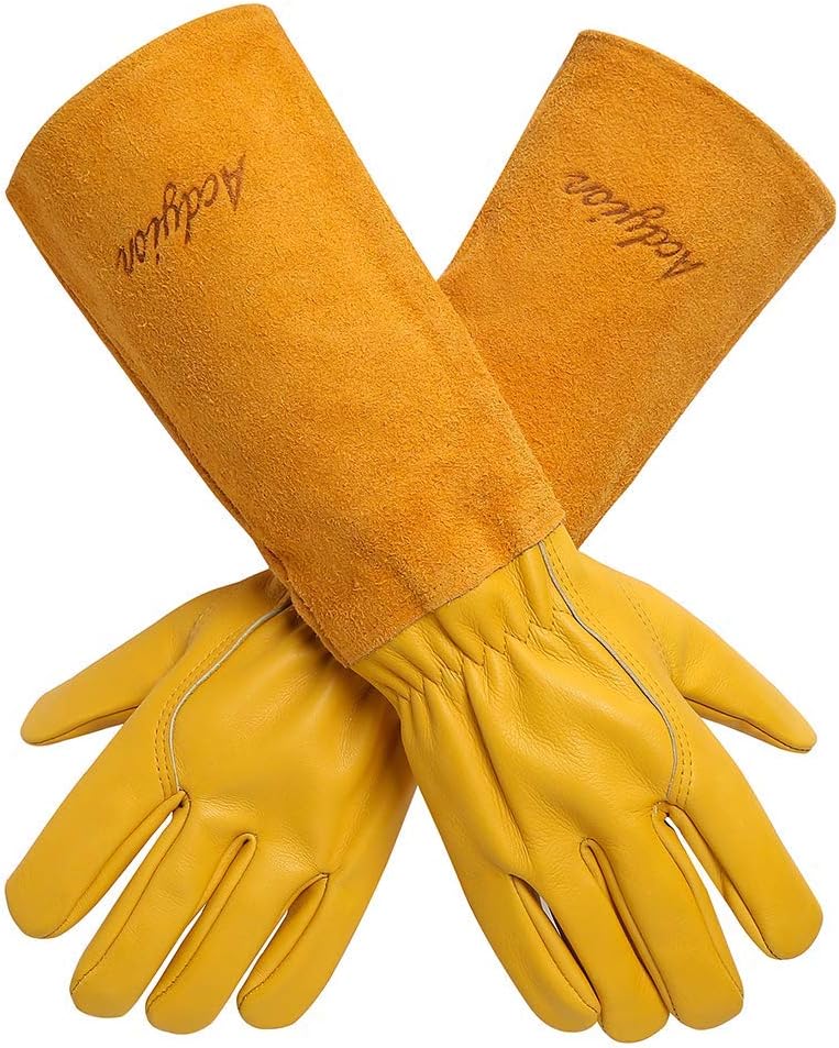 Acdyion Thorn Proof Gardening Gloves for Men & Women, Long Cowhide Leather Rose Pruning Gloves with Forearm Protection, Puncture Resistant Gauntlets for Cacti, Blackberries & Yard Work(yellow,Medium)