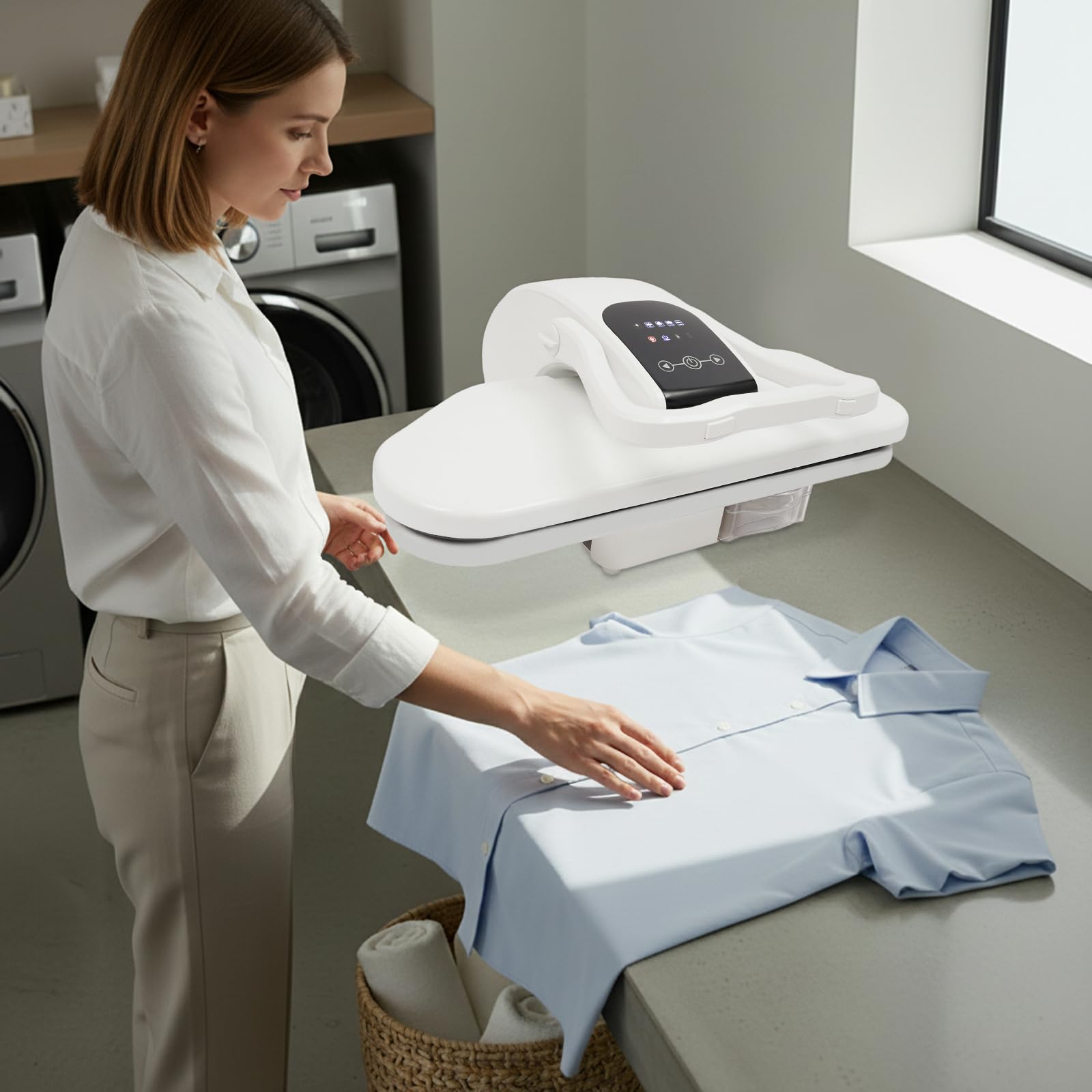 Pressa per ferro da stiro a vapore con supporto, 2200 W, funzionamento touch, 5 programmi tessili, filtro anticalcare e protezione contro il surriscaldamento, per abbigliamento, casa e negozi tessili