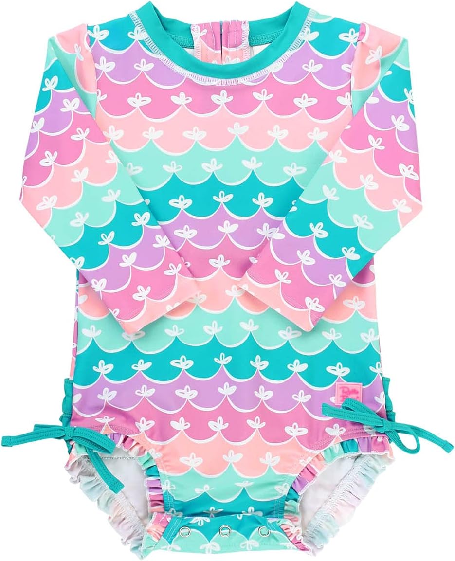 RuffleButts Baby Girls UPF 50+ Sun Protection Novelty Print Long Sleeve One Piece Rash Guard Swimsuit with Zipper - Mermaid/Aqua, 2T