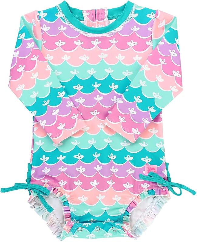 RuffleButts Baby Girls Novelty Baby One Piece - Rash Guard Swimsuit UPF 50+ | Premium Quality, 4-way Stretch, Snap + Zipper Closure, Long Sleeves, Hand Wash, UPF 50+ Sun Protection