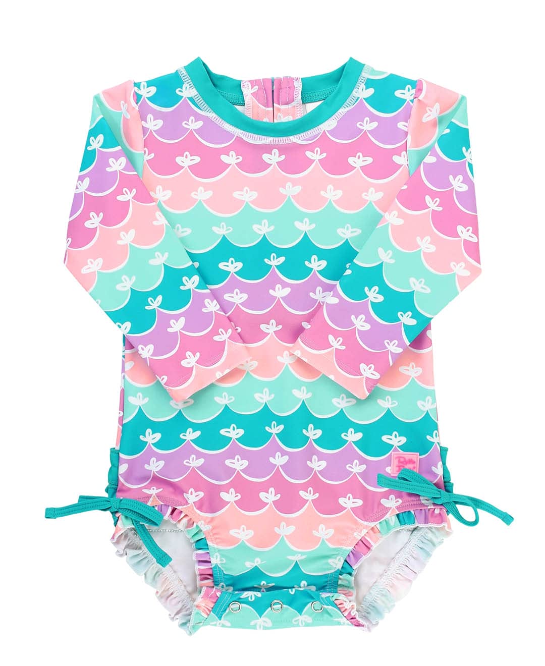 RuffleButts Baby Girls Novelty Baby One Piece - Rash Guard Swimsuit | 80% Nylon 20% Spandex, UPF 50+, Lightweight, Medium Stretch, Full Seat Coverage, Bottom Snaps, Unlined, Infant Beach Swim
