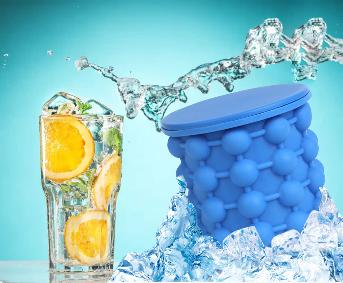 2 in 1 Silicone Ice Bucket and Ice Mold with Lid for Freezing Whiskey, Cocktails, Drinks, Portable Silicone Ice Maker (Blue)