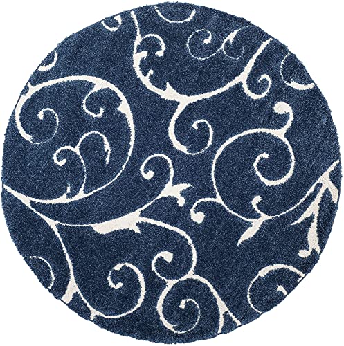 Image of Handwoven Microfibre 3D Rug for Living Room (Ivory & Blue, 6 X 6 Feet (Round), Microfibre)