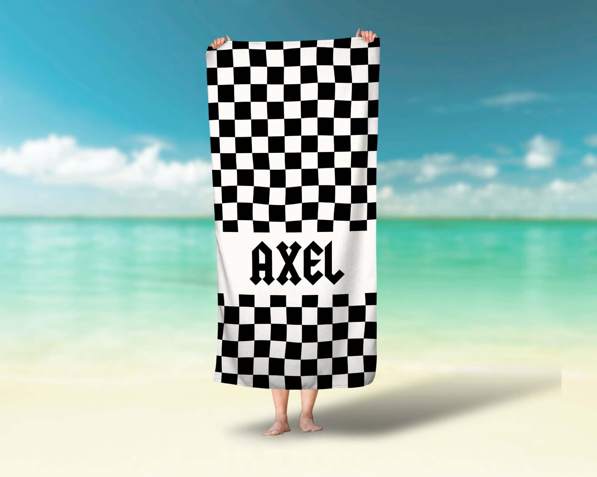 Black Checkered Custom Name Rocker Towel Personalized Beach Towel Boys Name Pool Towel
