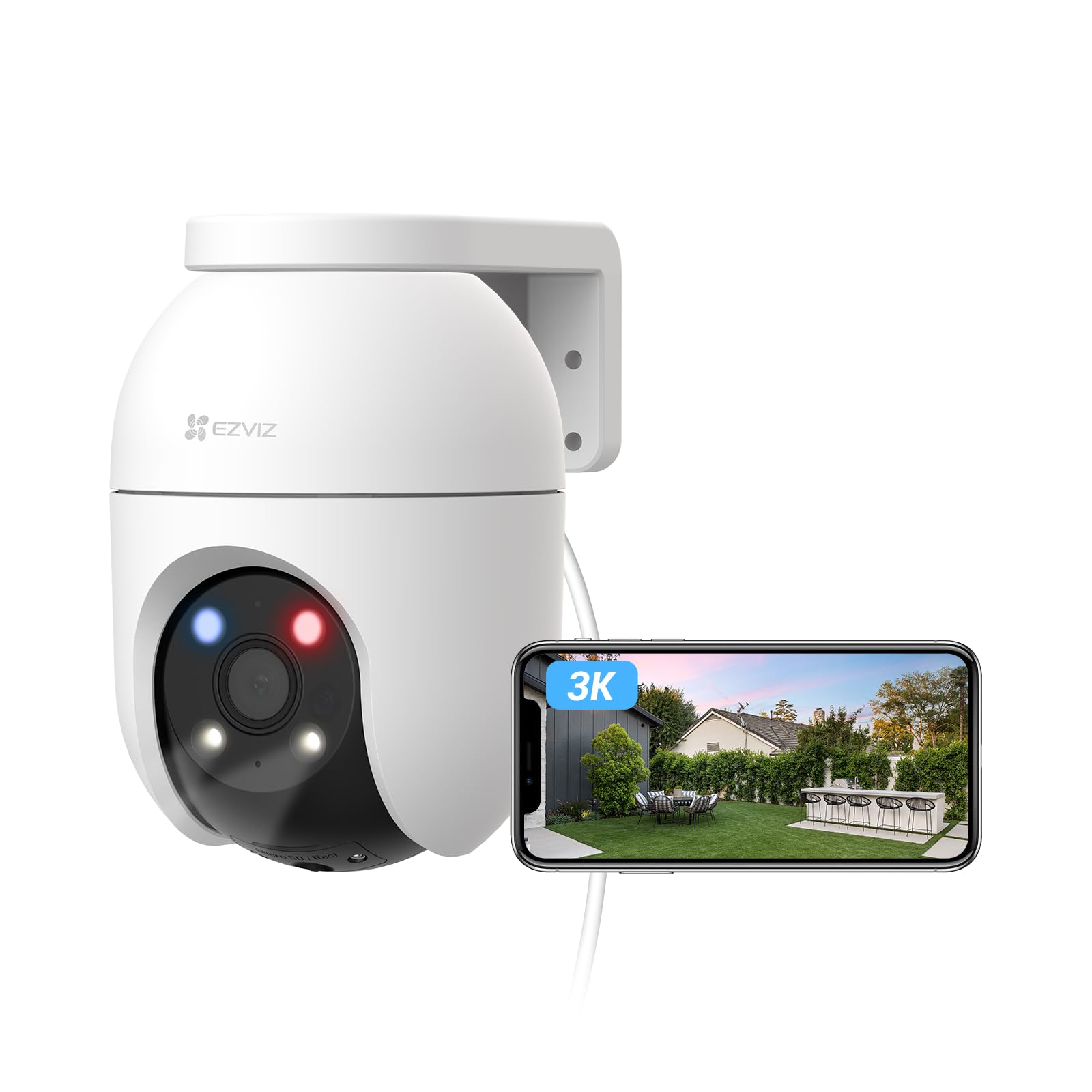 EZVIZ Cámara Vigilancia WiFi Exterior 360°,3K Cámara IP de Seguridad,Visión Nocturna a Color,Detección IA de Personas/VehÃculos,Seguimiento Zoom Auto,Audio Bidireccional,Sirena, Alexa/Google,C8c 5MP