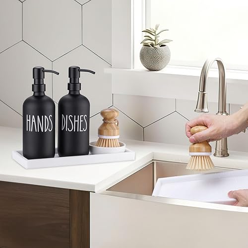 Miniatura 7 de Dispensador de jabón de vidrio para cocina, juego de dispensador de jabón de platos y manos, bomba a prueba de óxido con bandeja y cepillo para