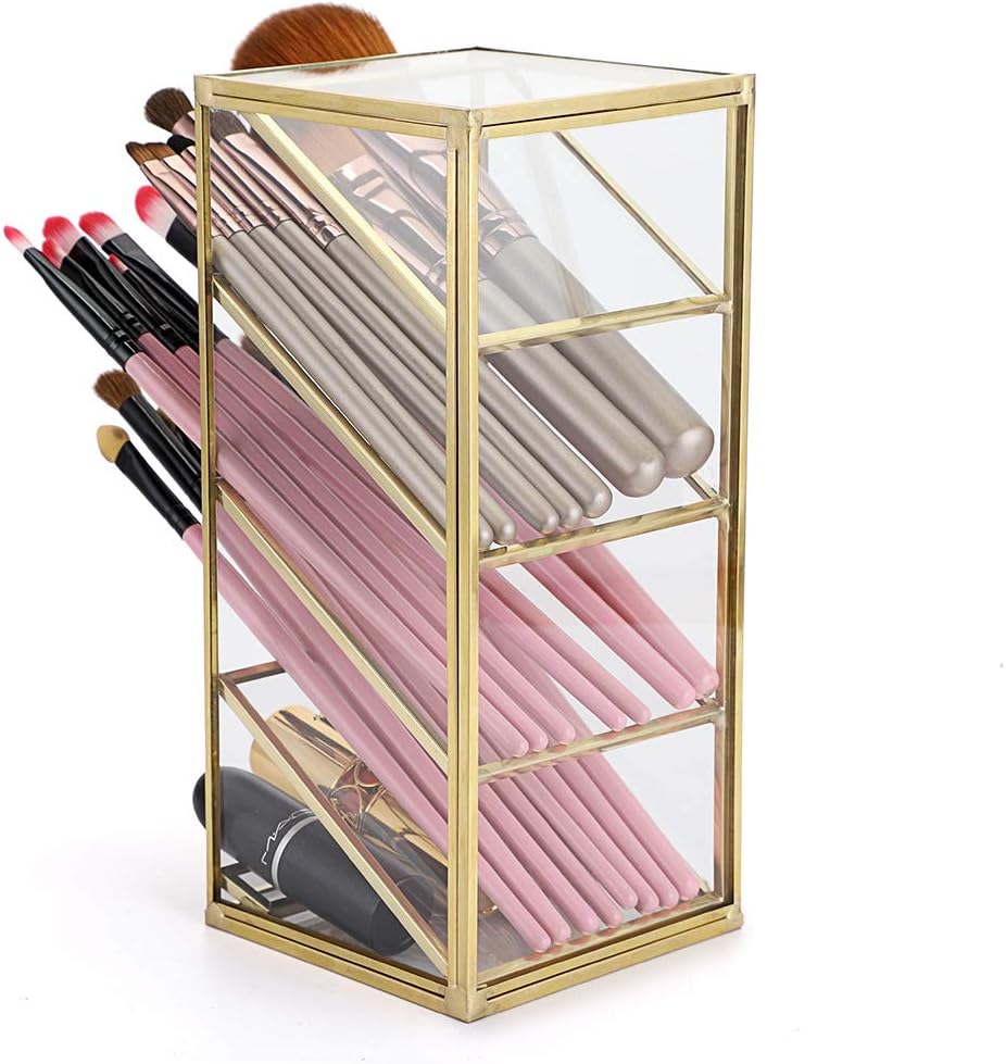 Hipiwe Vintage Gold Metal Desk Organizer - Glass Make up Brushes lipstick Holder Dresser Organizer Pen Pencil Storage Holder for Home Office Supplies (4 Compartment)