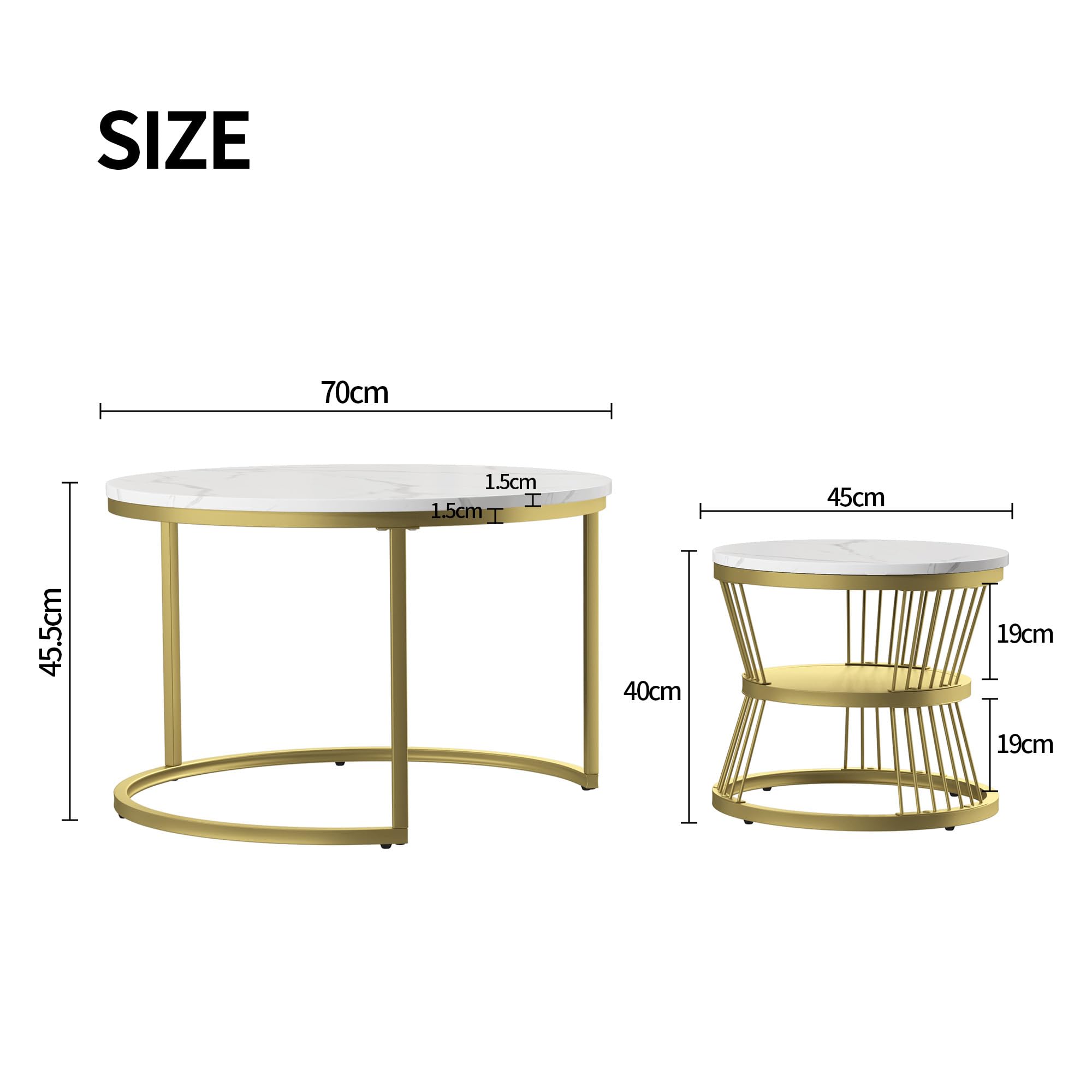 Set di 2 tavolini rotondi rimovibili, tavolini impilabili con gambe in metallo dorato e piano con motivo marmo, per soggiorno, balcone (color oro)