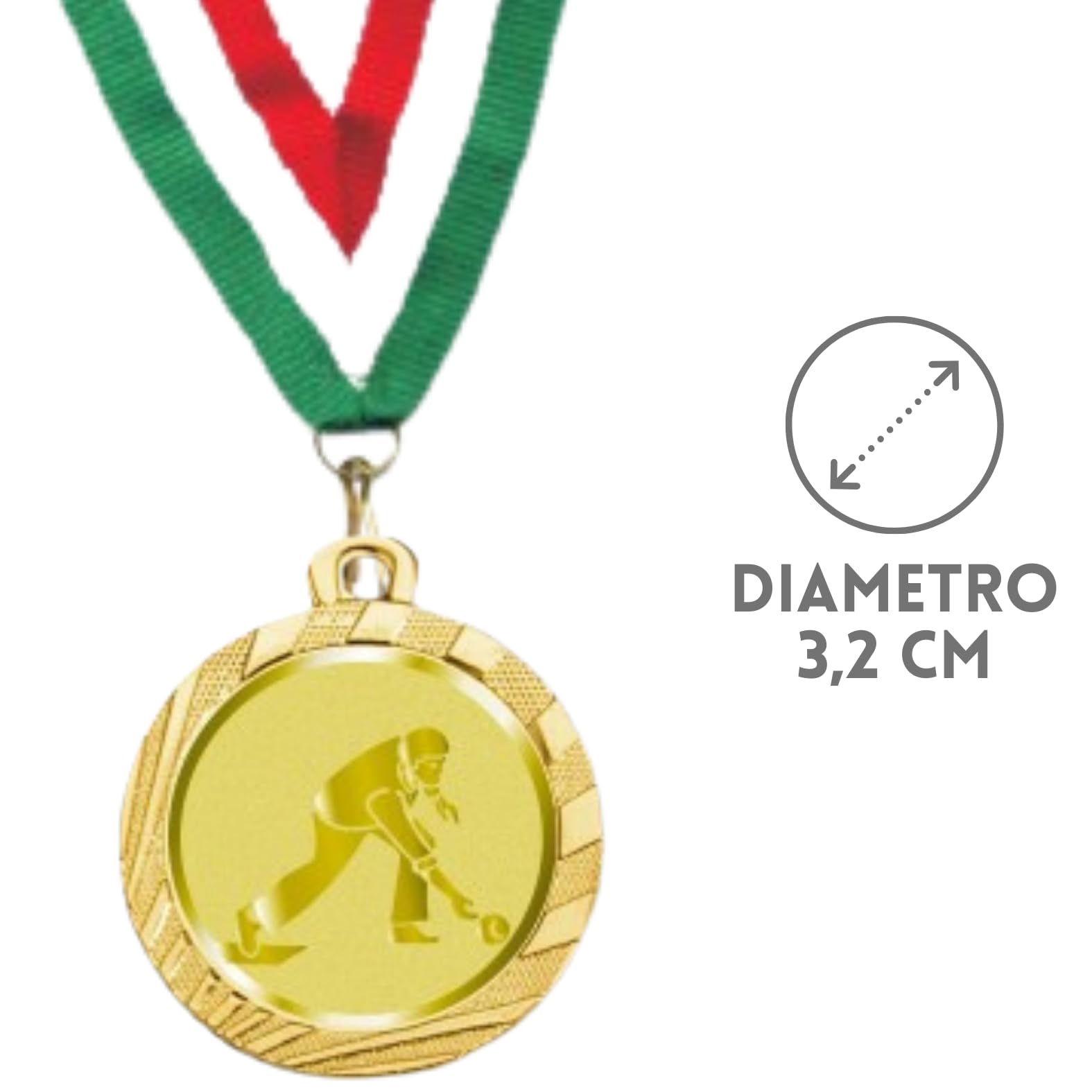 Stock Medaglie Personalizzate Premiazioni Bocce da 3,2 cm con Laccetto Medaglia Personalizzabili in Metallo con Stampa Personalizzata, Sport | 23.00.32.G