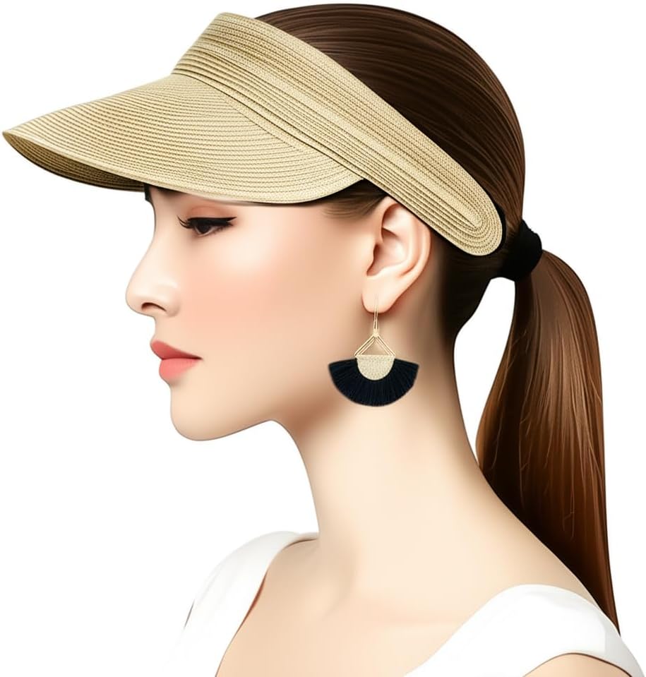 Alex Max Wide Brim Straw Sun Visor - Adjustable & Packable UVF Protection Hat for Beach, Golf, Travel