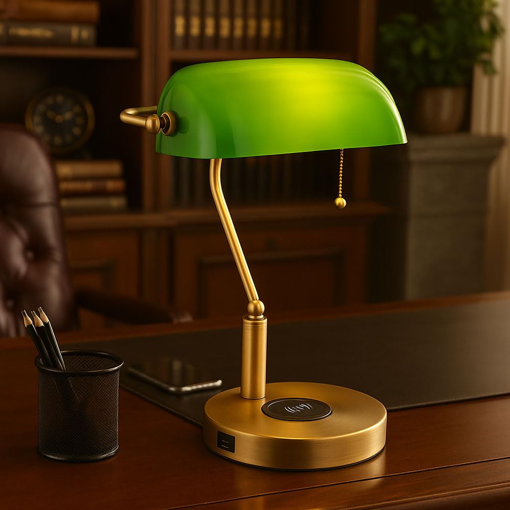 LED Schreibtischleuchte Bankerlampe Tischlampe altmessing Glas grün Leseleuchte, kabelloses Laden USB Anschluss, Zugschalter, 7W 806lm warmweiß, LxH 26,5x36 cm
