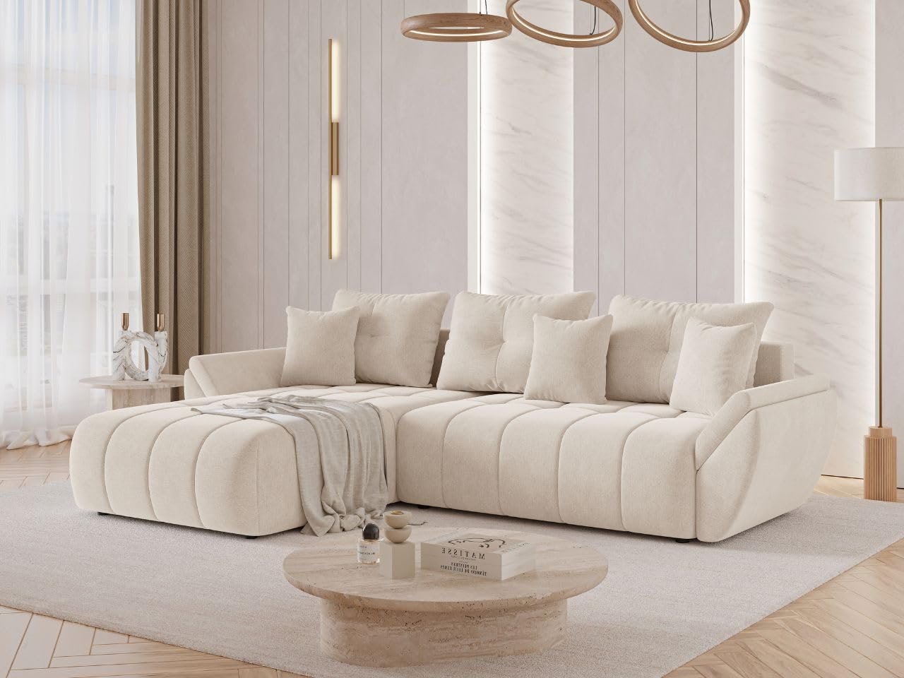 GRAINGOLD Decor L Ecksofa modern mit Bettfunktion, 263x190 cm, L-Form Sofa, Schlafcouch für Wohnzimmer, Veloursstoff, 3-Sitzer Eckcouch, Ecksofa mit Bettkasten (Beige)